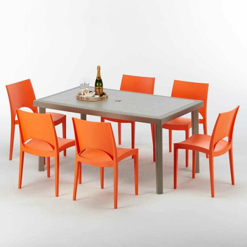 Table rectangulaire et 6 chaises Poly rotin resine ensemble bar cafè exterieur 150x90 Beige Marion Chaises Modèle: Paris orange