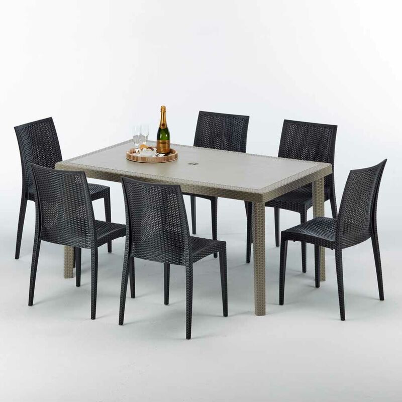 Table rectangulaire et 6 chaises Poly rotin resine ensemble bar cafè exterieur 150x90 Beige Marion Chaises Modèle: Bistrot Anthracite noir