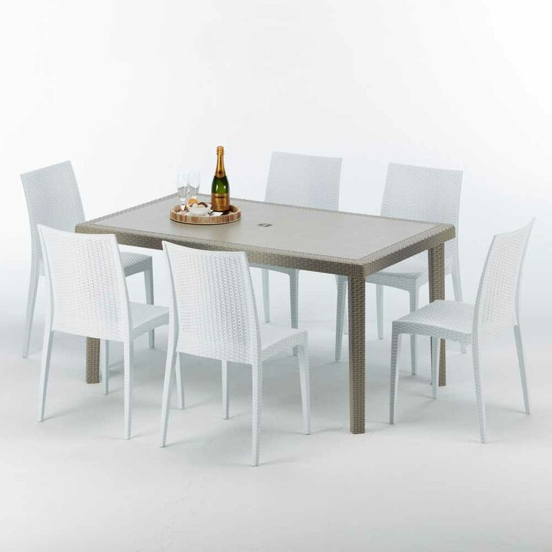 Table rectangulaire et 6 chaises Poly rotin resine ensemble bar cafè exterieur 150x90 Beige Marion Chaises Modèle: Bistrot Blanc