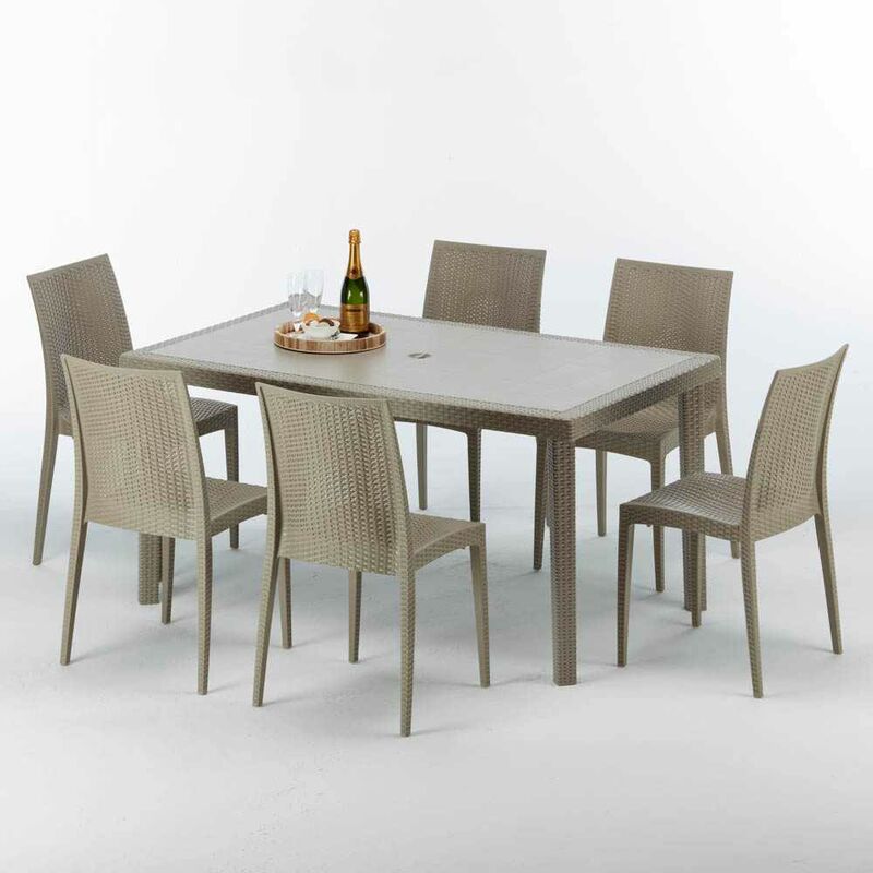 Table rectangulaire et 6 chaises Poly rotin resine ensemble bar cafè exterieur 150x90 Beige Marion Chaises Modèle: Bistrot Beige Juta
