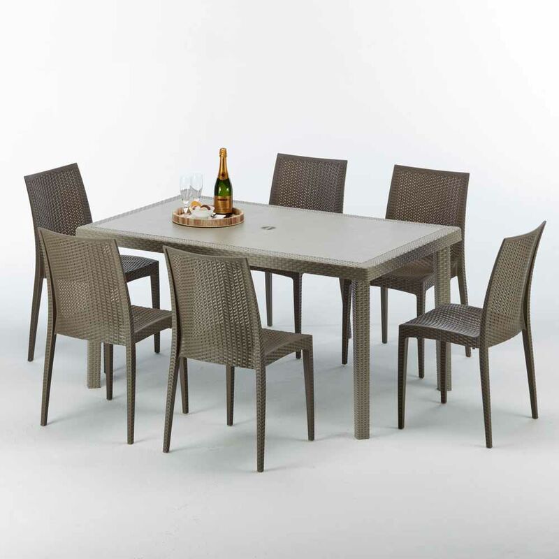 Table rectangulaire et 6 chaises Poly rotin resine ensemble bar cafè exterieur 150x90 Beige Marion Chaises Modèle: Bistrot Marron Moka