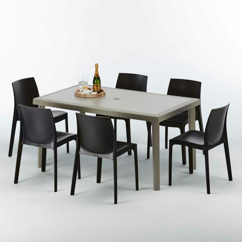 Table rectangulaire et 6 chaises Poly rotin resine ensemble bar cafè exterieur 150x90 Beige Marion Chaises Modèle: Rome Anthracite noir