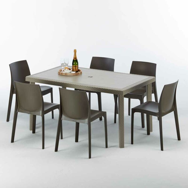 Table rectangulaire et 6 chaises Poly rotin resine ensemble bar cafè exterieur 150x90 Beige Marion Chaises Modèle: Rome Marron Moka