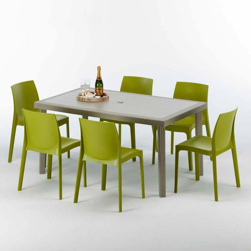 Table rectangulaire et 6 chaises Poly rotin resine ensemble bar cafè exterieur 150x90 Beige Marion Chaises Modèle: Rome Anis vert