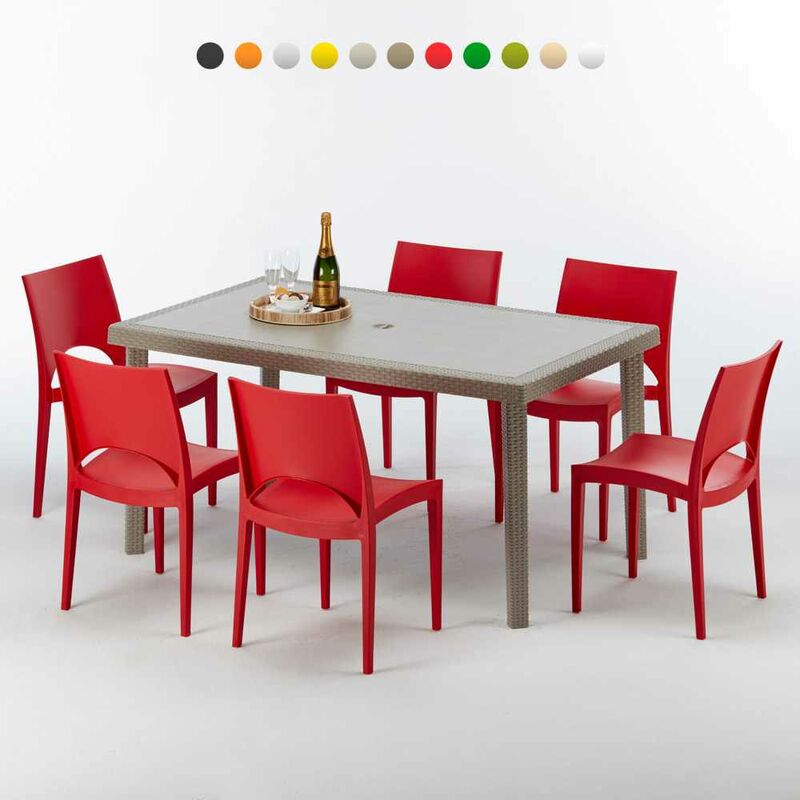 Table rectangulaire et 6 chaises Poly rotin resine ensemble bar cafè exterieur 150x90 Beige Marion Chaises Modèle: Paris rouge