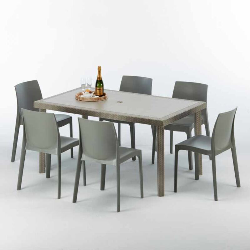 Table rectangulaire et 6 chaises Poly rotin resine ensemble bar cafè exterieur 150x90 Beige Marion