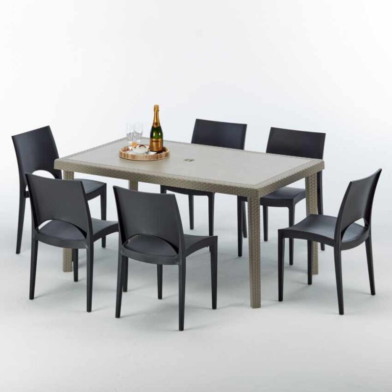 Grand Soleil – Table de jardin rectangulaire 150x90 cm avec 6 chaises en polyrotin – Résistante aux intempéries – Pour terrasses et cafés