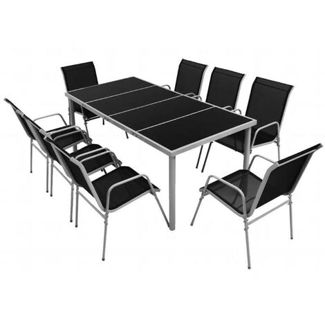 Table rectangulaire et 8 chaises de jardin métal gris et noir Bachra
