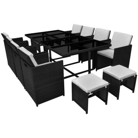 Table rectangulaire et 8 chaises de jardin résine tressée noir Iris 2