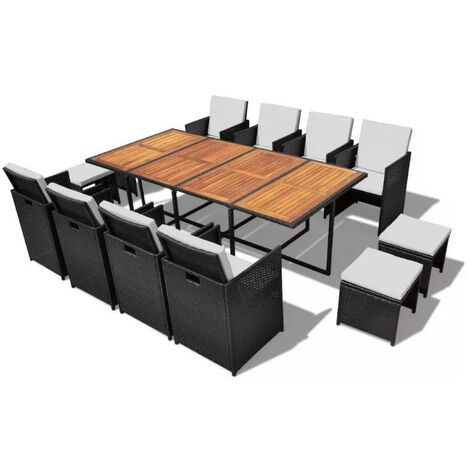 Table rectangulaire et 8 chaises de jardin résine tressée noir Iris
