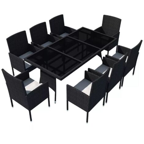 Table rectangulaire et 8 chaises de jardin résine tressée noir Kael
