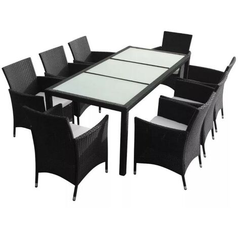 Table rectangulaire et 8 chaises de jardin résine tressée noir Mik