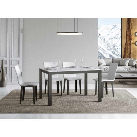 Table rectangulaire extensible 4 à 10 personnes L 120 à 224 cm effet marbre blanc et métal anthracite Evy