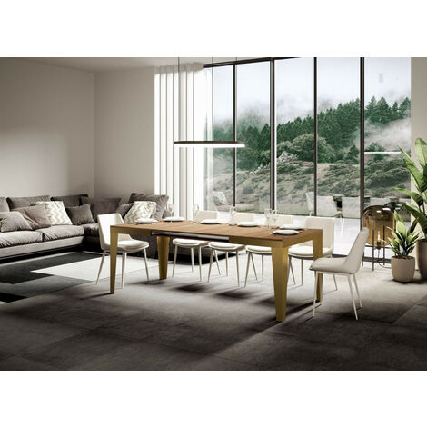 Table rectangulaire extensible 6 à 10 personnes L 120 à 224 cm bois clair et cadre métal doré Faye