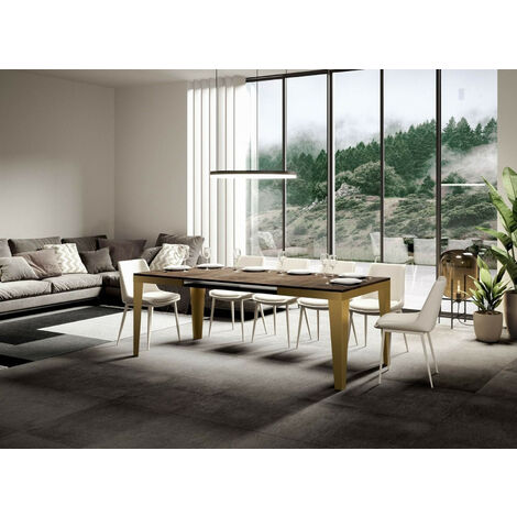Table rectangulaire extensible 6 à 10 personnes L 120 à 224 cm bois foncé et cadre métal doré Faye