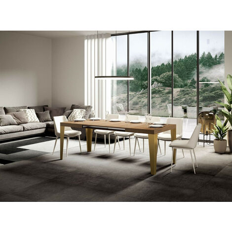 Table rectangulaire extensible 6 à 10 personnes L 130 à 234 cm bois clair et pieds métal doré Faye