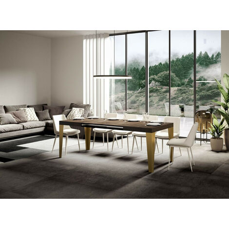 Table rectangulaire extensible 6 à 10 personnes L 130 à 234 cm bois foncé et pieds métal doré Faye