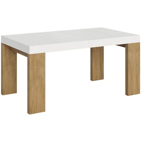 Table rectangulaire extensible blanche et bois naturel 160 à 420cm Ribo-Pied et support sur roulettes