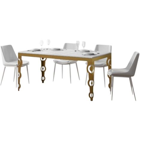 Table rectangulaire extensible orientale 6 à 10 personnes L 120 à 224cm frêne blanc et cadre métal doré Kazay