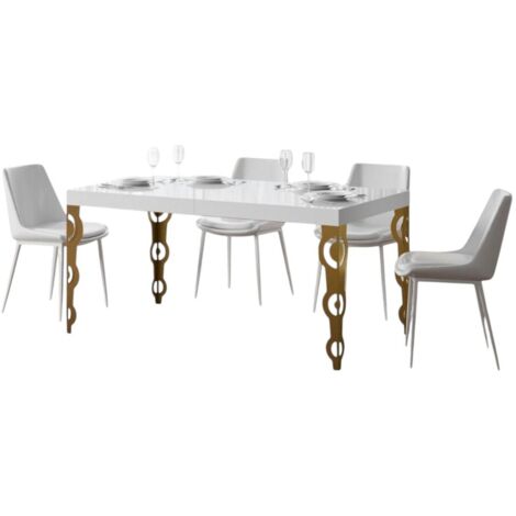 Table rectangulaire extensible orientale 6 à 10 personnes L 160 à 264cm blanc brillant et métal doré Kazay