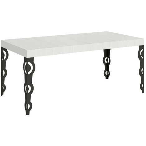Table rectangulaire extensible orientale 6 à 20 personnes L 160 à 420 cm blanc laqué et pieds métal anthracite Kazay
