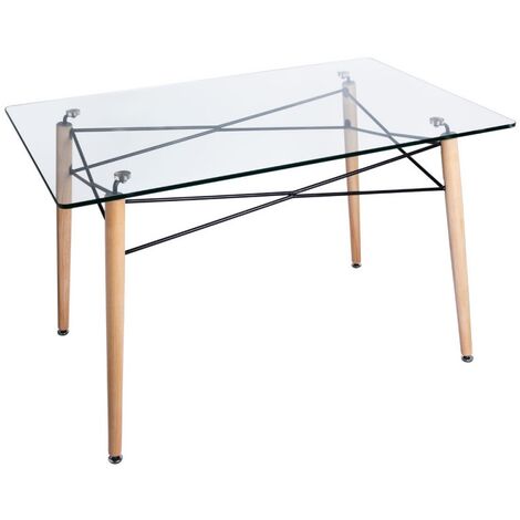Table rectangulaire scandinave verre trempé et pieds bois clair Bristol 120 cm