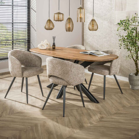 Table repas 180 cm en manguier + 4 fauteuils en tissu texturé sable