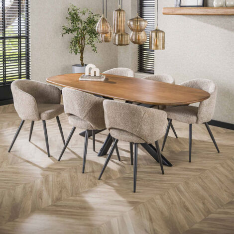 Table repas 215 cm en manguier + 6 chaises en tissu texturé sable