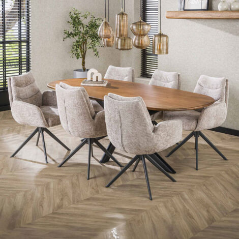 Table repas 215 cm en manguier + 6 fauteuils en tissu texturé sable