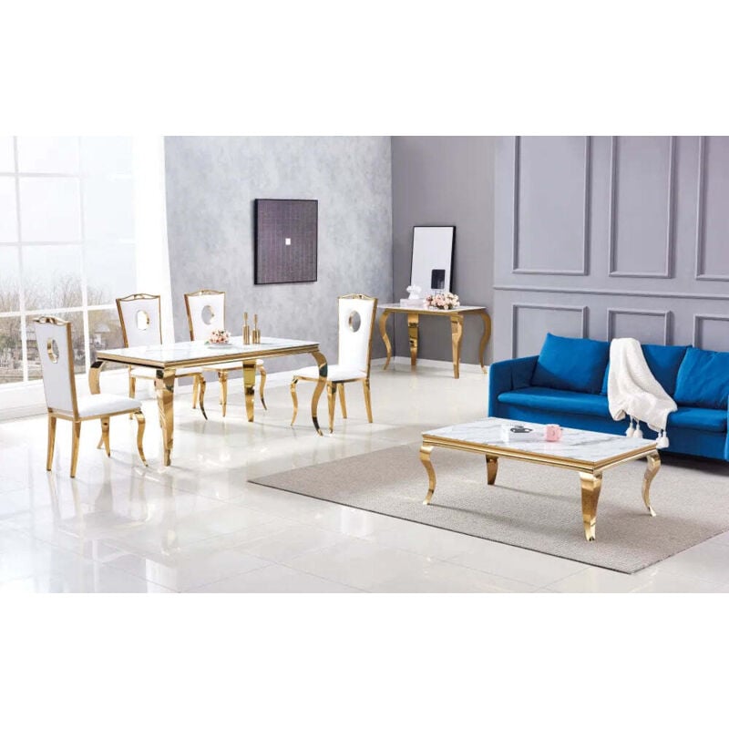 Table à manger BAROQUE 4 à 6 couverts Gold verre Blanc 150X90cm