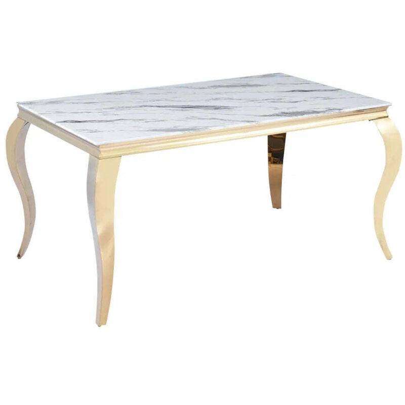 Homy France - Table Repas baroque 4 à 6 couverts Gold verre Marbre blanc 150X90cm