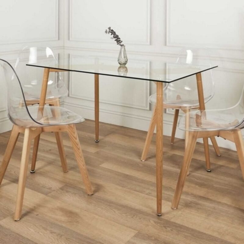 Table repas en verre pieds effet bois 115 cm