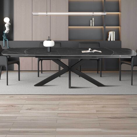 Table repas extensible 160-240 cm en pierre effet marbre noir et métal