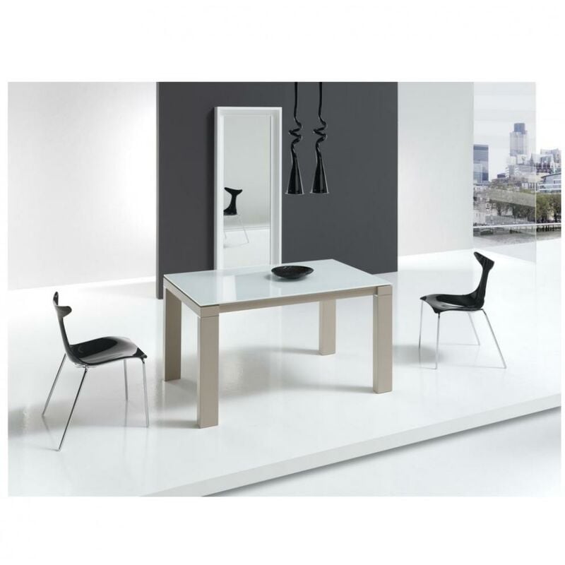 Table repas extensible armonia 10 couverts 140/240x90cm pieds beiges plateau verre blanc