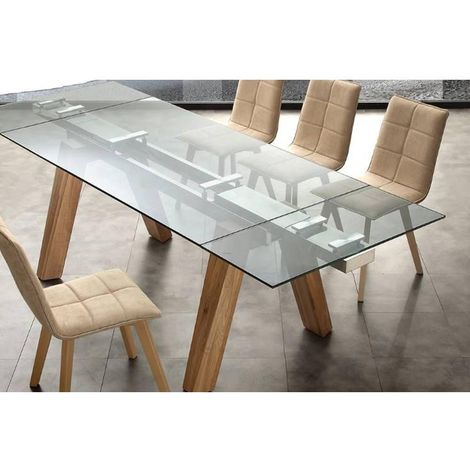 Table repas extensible DESIGNA plateau en verre piétement bois naturel massif