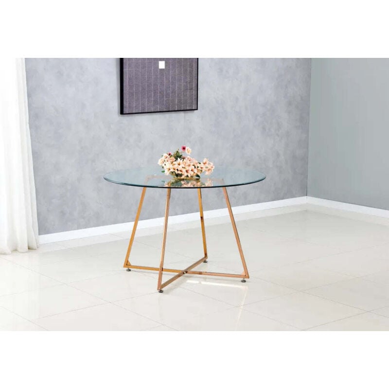 Homy France - Table Repas ronde 4 personnes heloise Gold Rose verre effet Marbre Blanc