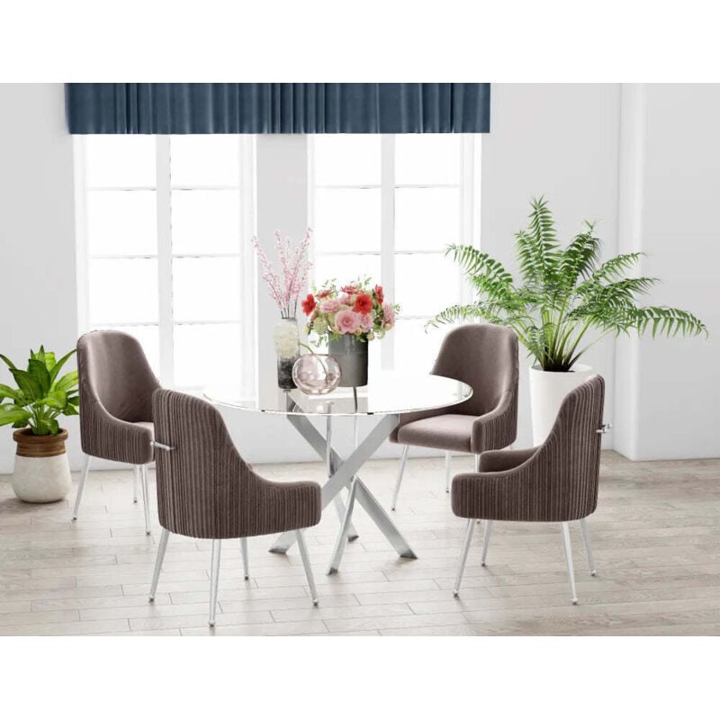 Homy France - Table Repas ronde jessica Chrome verre effet Marbre Blanc D100 cm