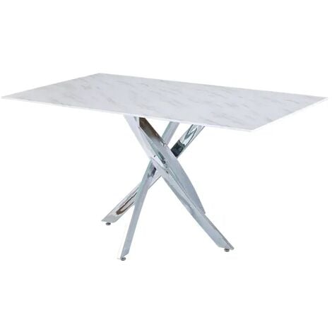 HOMY FRANCE Table Repas JESSICA Chrome verre effet Marbre Blanc 150 cm