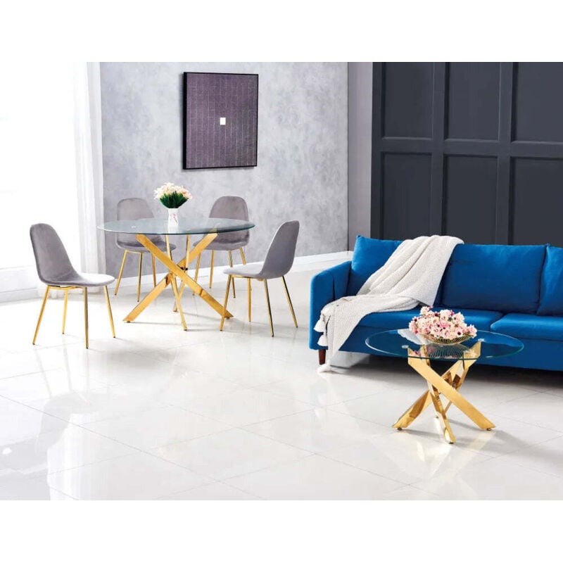 Homy France - Table Repas 4 couverts jessica Gold xxl Transparent diamètre 120cm