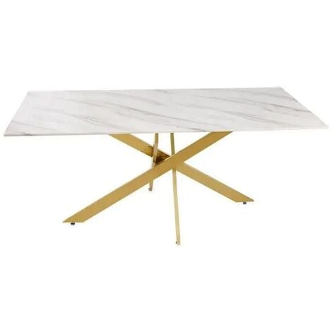 HOMY FRANCE Table Repas JESSICA gold verre effet marbré blanc 150x90cm