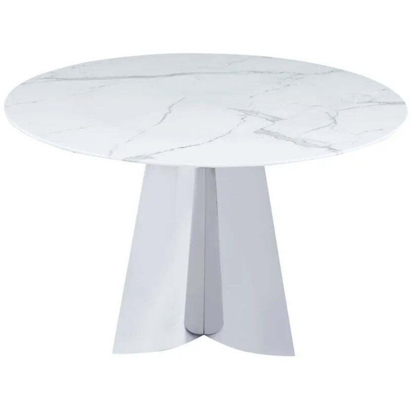 Homy France - Table repas ronde capucine Chrome et verre effet Marbre blanc D130cm