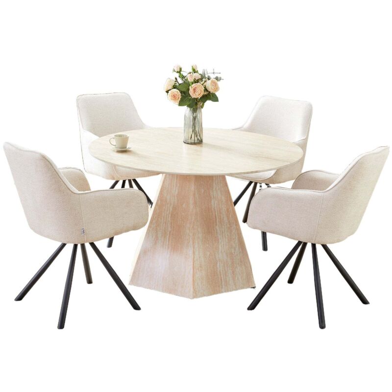 Table Repas Ronde SOLAL – Céramique & Pied Effet Travertin – Ø120x75 cm