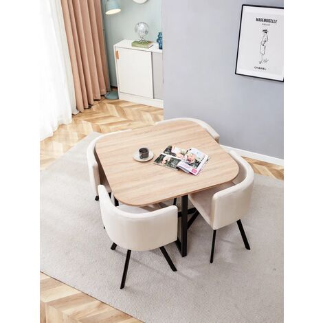 Table Repas VENDOME Pleateau en bois 4 chaises velours beige