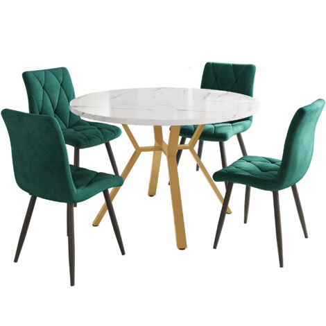 Table Ronde 100 Cm En Mdf Effet Marbre, Pieds Métal Doré, 4 Chaises Velours Vert Moderne