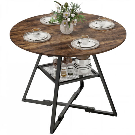 Table ronde 100 cm pour 4 personnes, table de cuisine industrielle avec étagère, plateau aspect bois, brun rustique