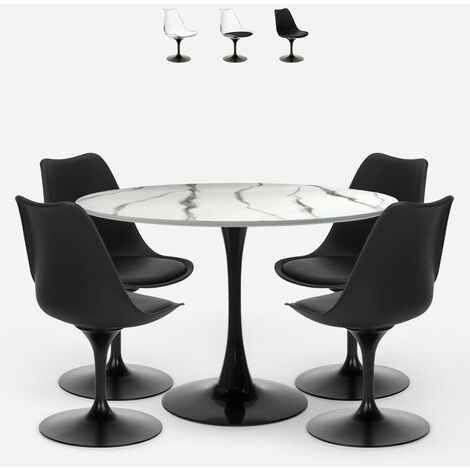 Table ronde 120cm effet marbre + 4 chaises Tulipan blanc noir Lapis+  Couleur: Noir