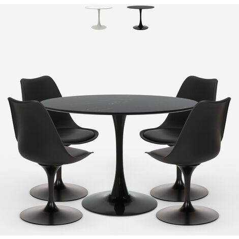table ronde 120cm effet marbre design Tulipane + 4 chaises modernes paix  Couleur: Noir