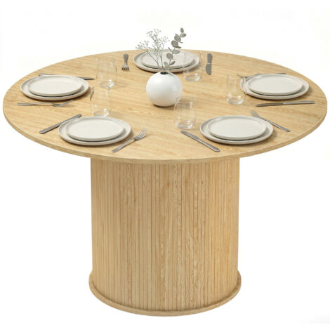 Table ronde 5 personnes Ø120 x 75 cm, table salle à manger bois massif, piètement cylindrique cannelé naturel