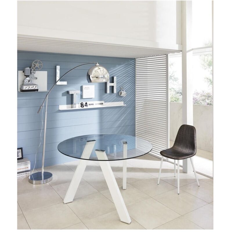 Table fixe Rondo en verre trempé et pieds blancs