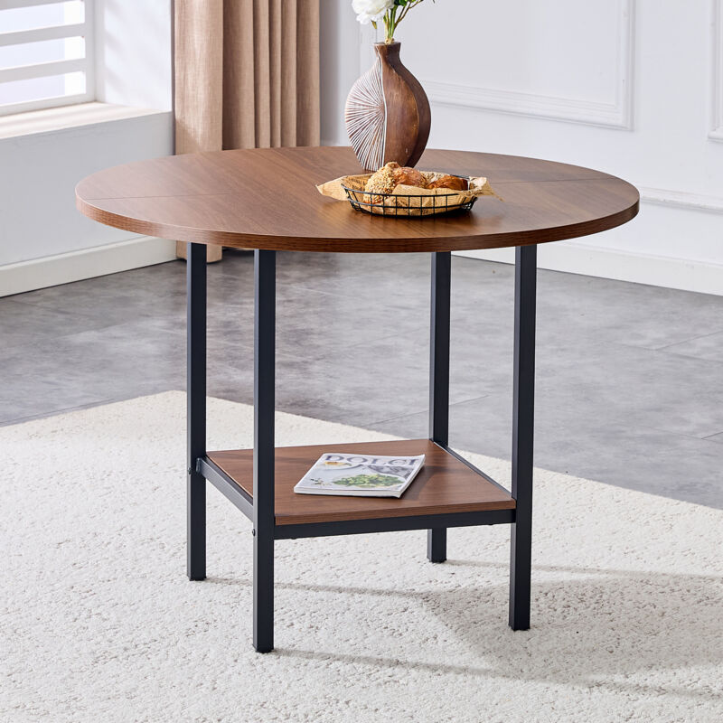 Table ronde avec étagère de rangement, cadre métallique, imitation noyer, pour 4-6 personnes, 100x100x77 cm
